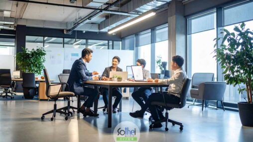 ウェブデザイナーたちが打ち合わせしている