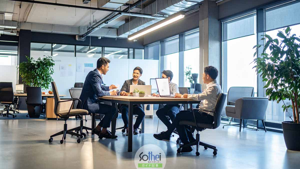 ウェブデザイナーたちが打ち合わせしている